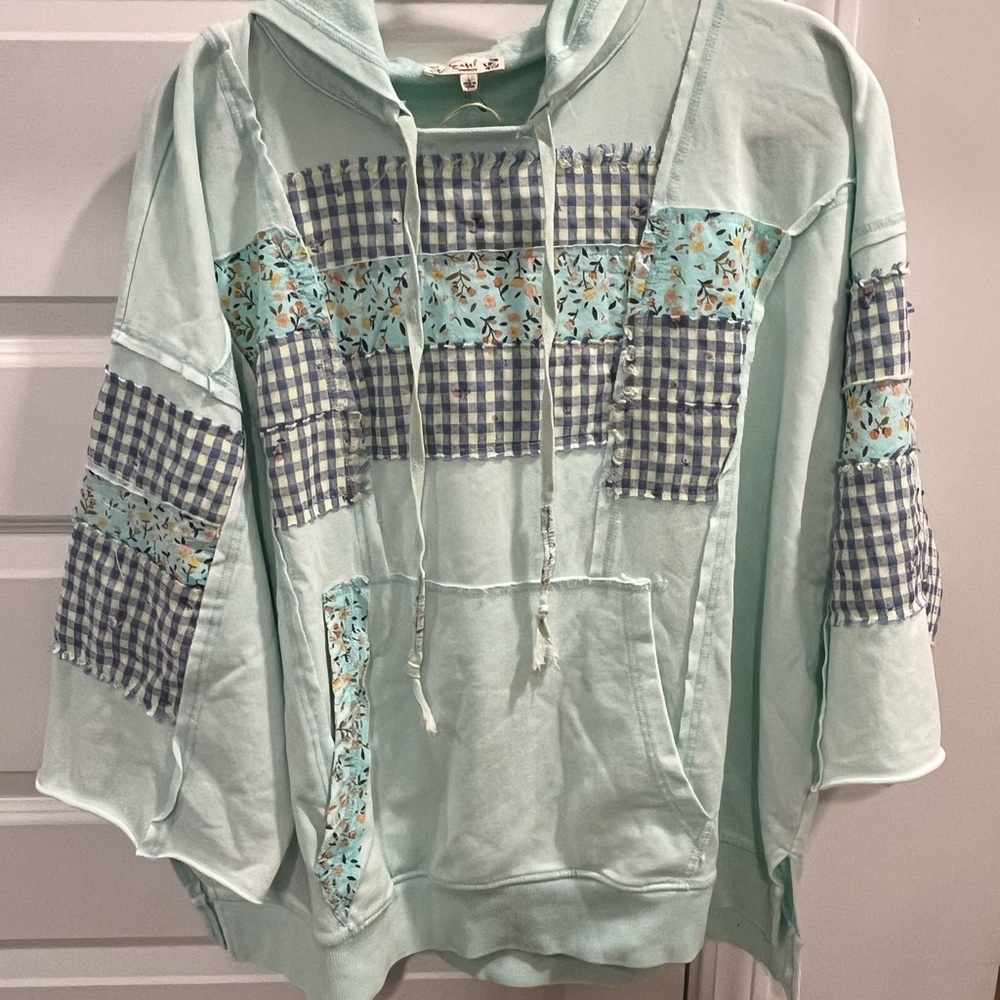 Patchwork Mint Green Hoodie Top with Drawstring Hood